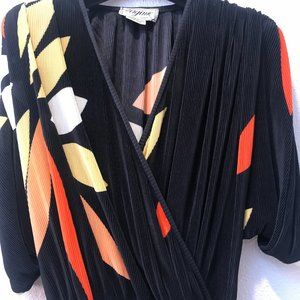 Virginie Paris Bold Print Cocktail Dress Accordion Micro Pleat Abstract 80s S/M